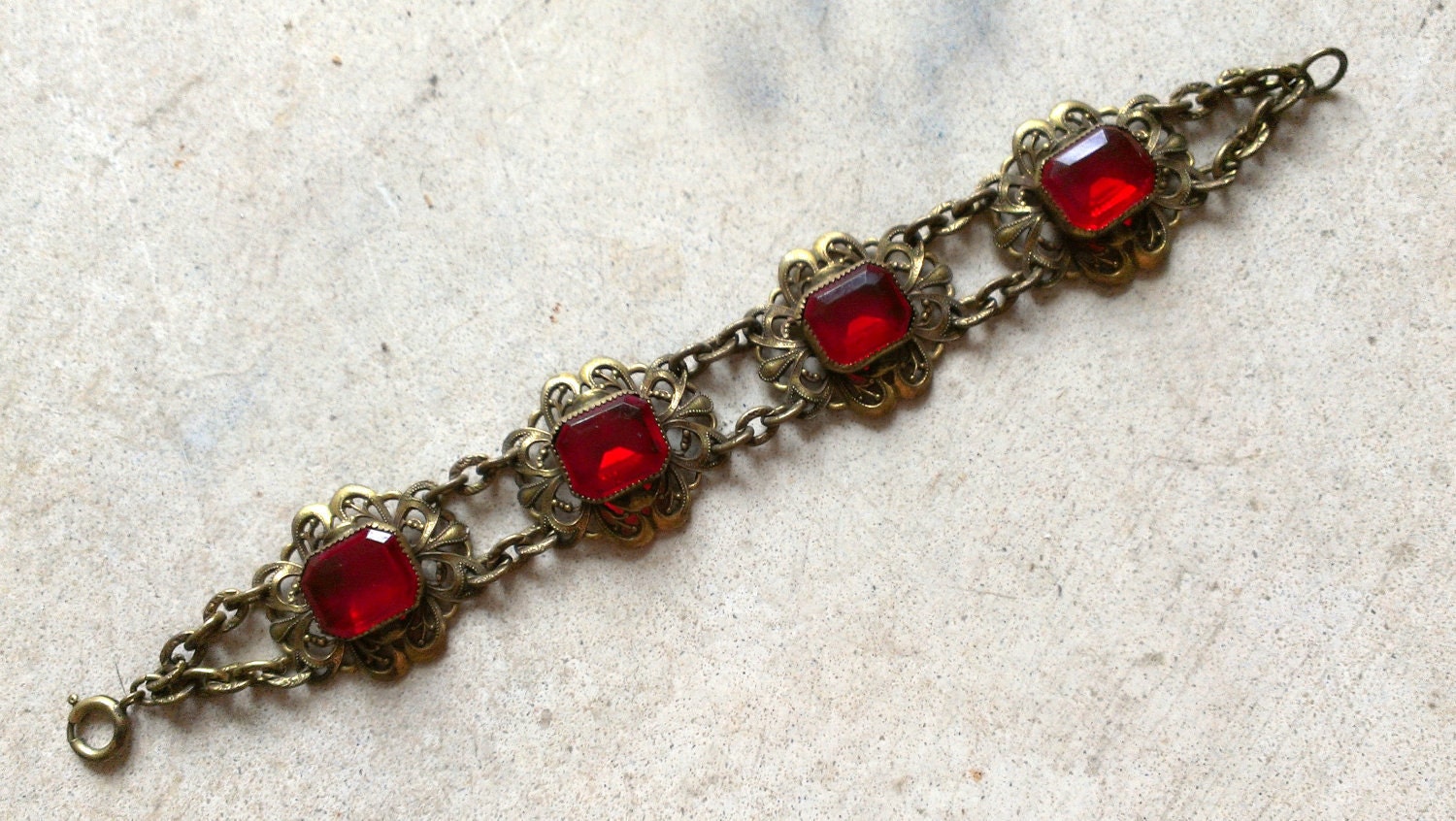Art Deco Czech Red Glass and Brass Filigree Bracelet