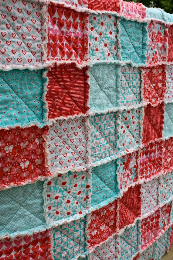 Crib Rag Quilt, for baby or toddler, Aqua and Red by Michael Miller, girl nursery, red, aqua, pink, turquoise, photo prop