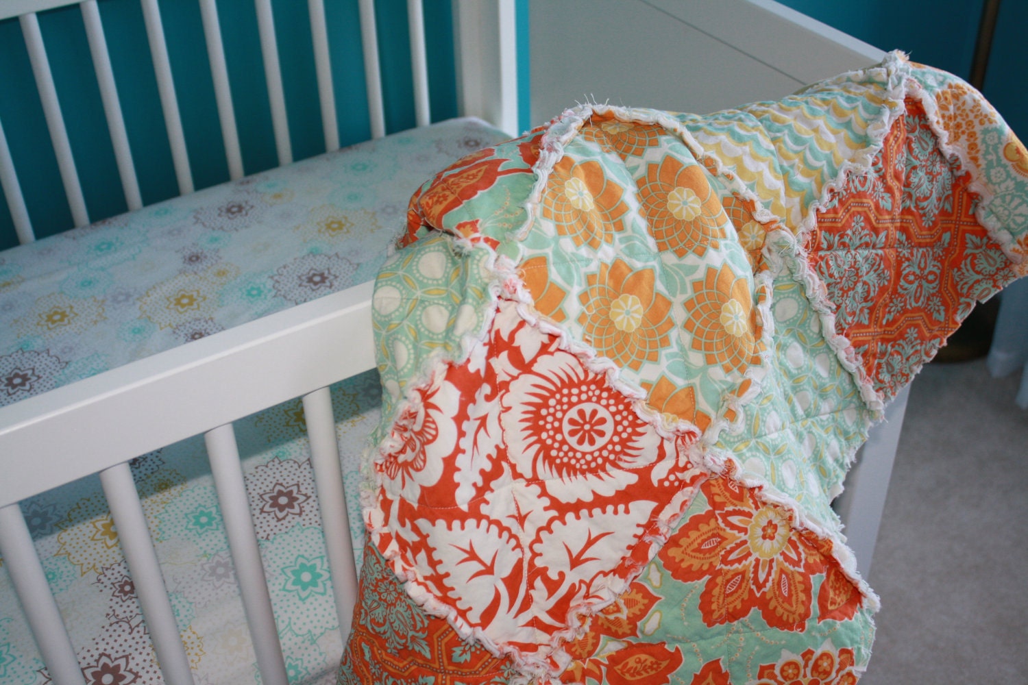 Crib Rag Quilt, for baby or toddler, Heirloom by Joel Dewberry, yellow gold aqua orange, photo prop