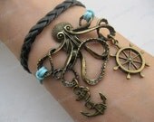Bracelet-octopus bracelet,real leather anchor and rudder bracelet-Z111