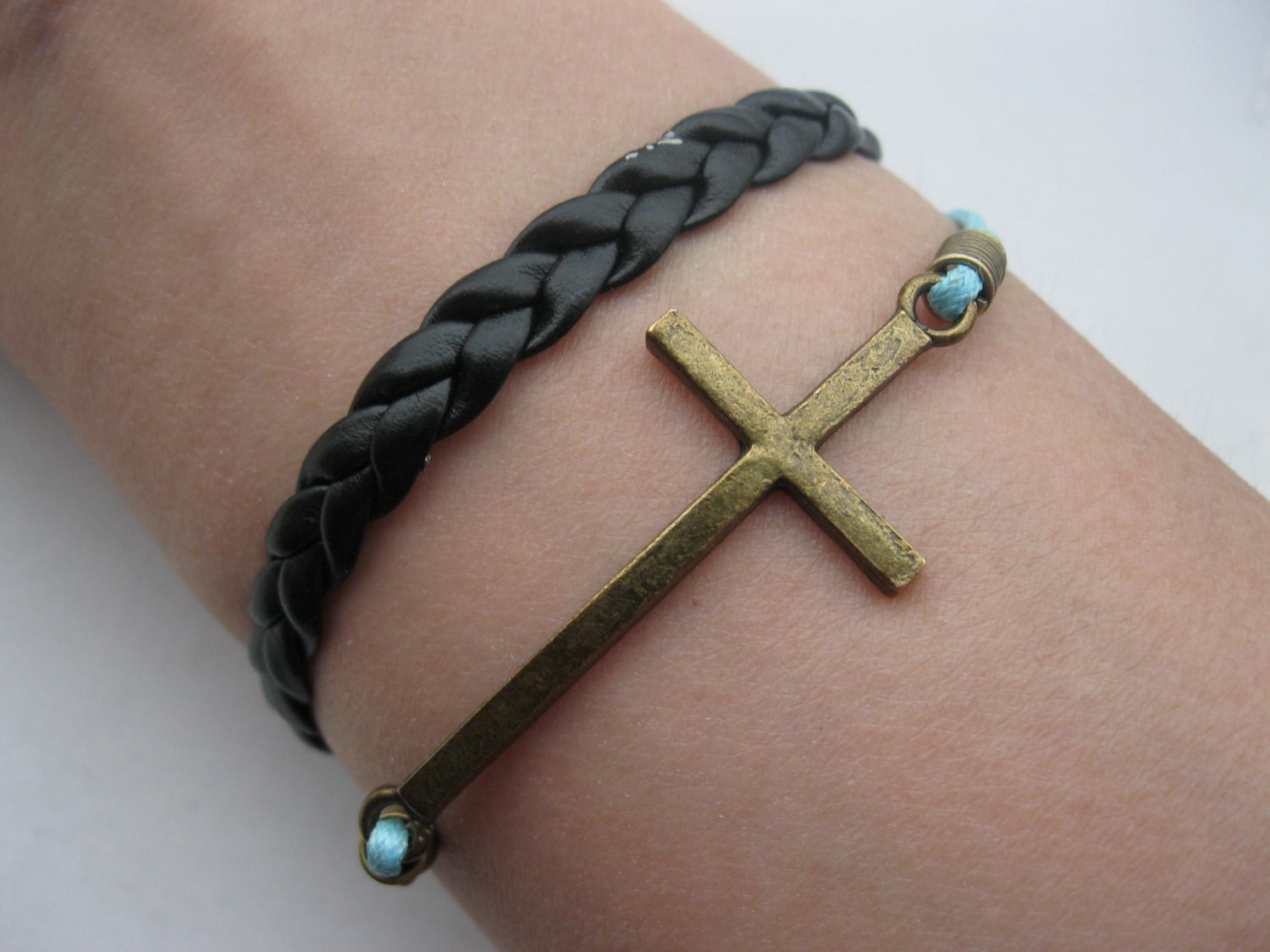 Bracelet- cross bracelet,cross wax cord bracelet,brass cross braid leather bracelet-Z123