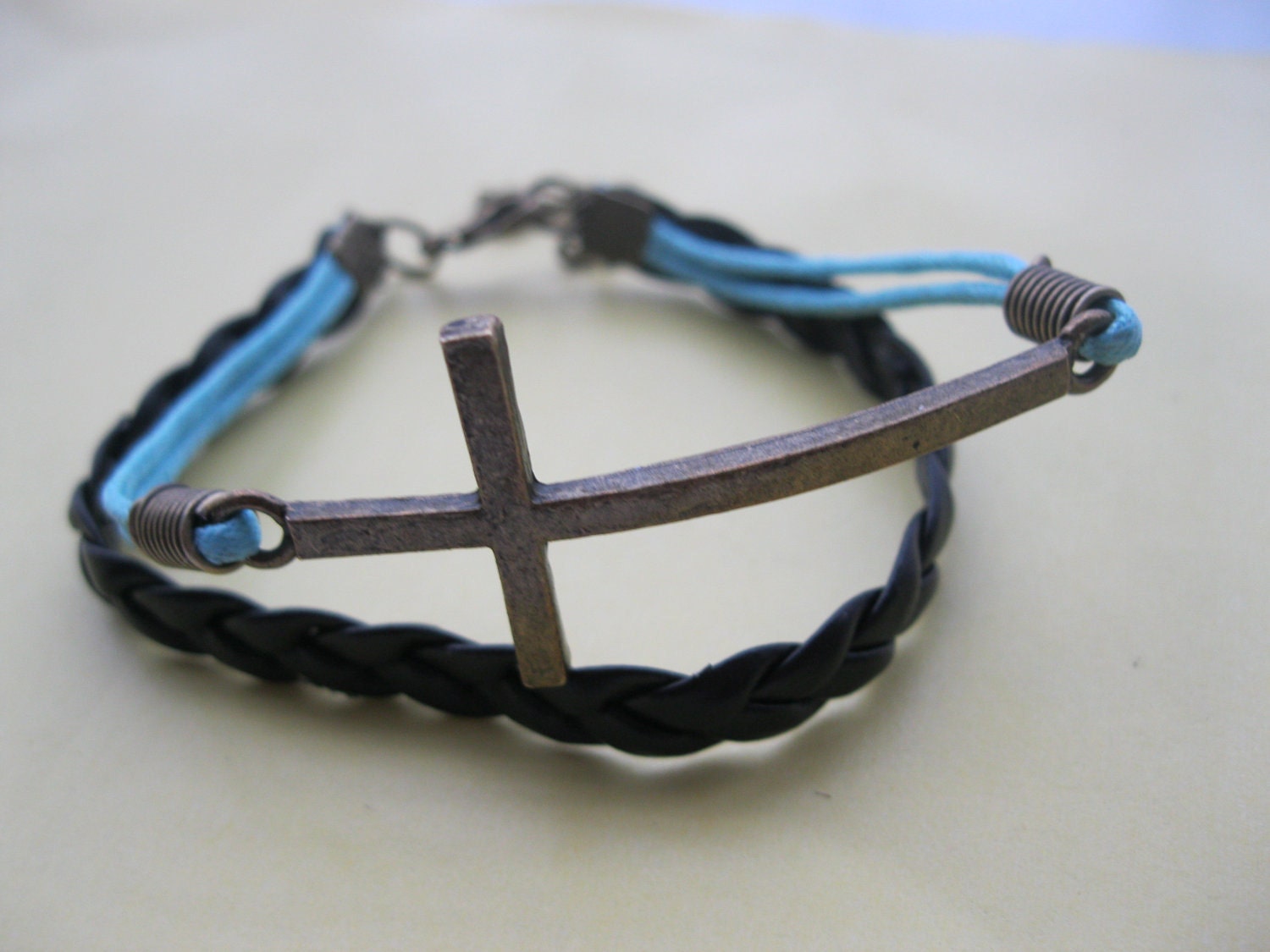 Bracelet- cross bracelet,cross wax cord bracelet,brass cross braid leather bracelet-Z123