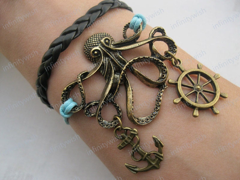 Bracelet-octopus bracelet,real leather anchor and rudder bracelet-Z111