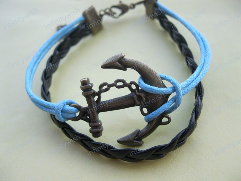 Anchor-antique bronze anchor bracelet,anchor wax cord bracelet,braid leather bracelet-Z011