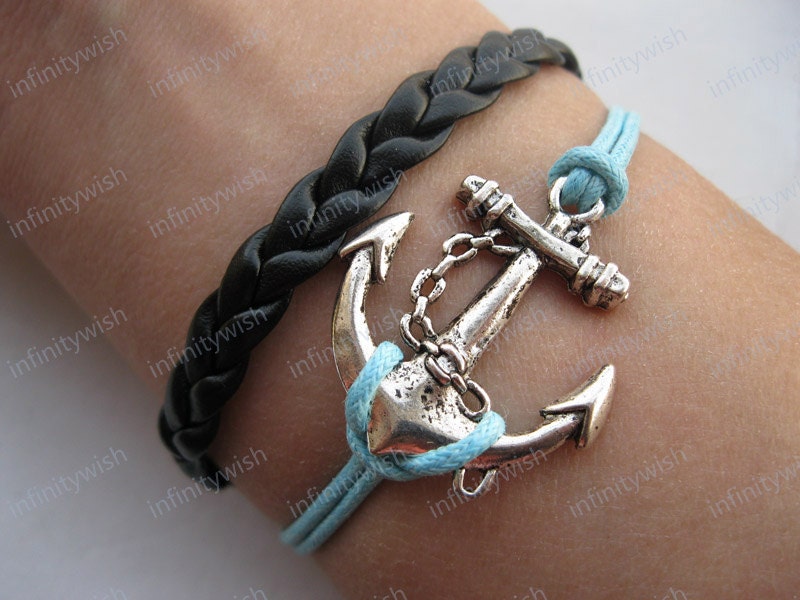 Anchor-antique silver anchor bracelet,anchor wax cord bracelet,braid leather bracelet-Z028