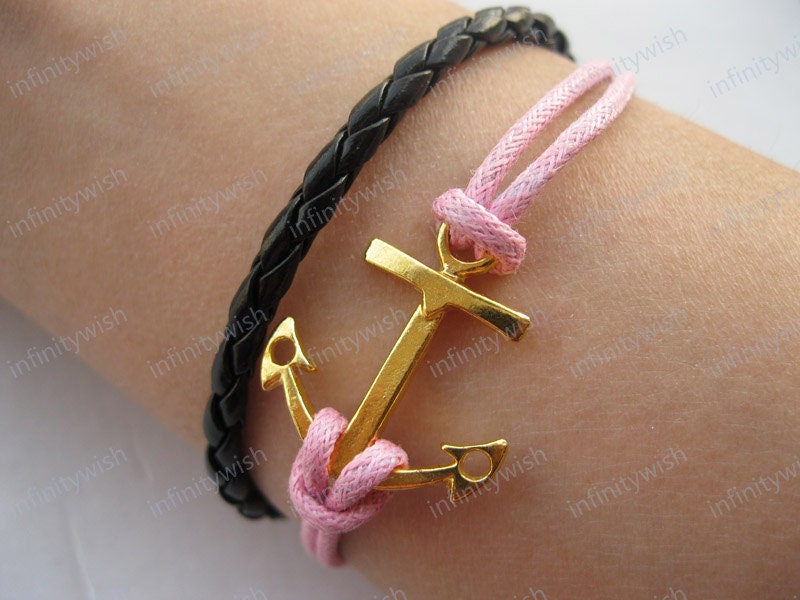 Anchor-golden anchor bracelet,anchor wax cord bracelet,braid leather bracelet-Z040