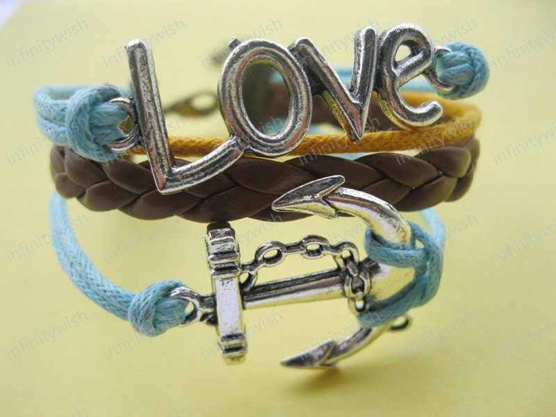 Bracelet-antique silver anchor bracelet,love bracelet, wax cords bracelet-Z224