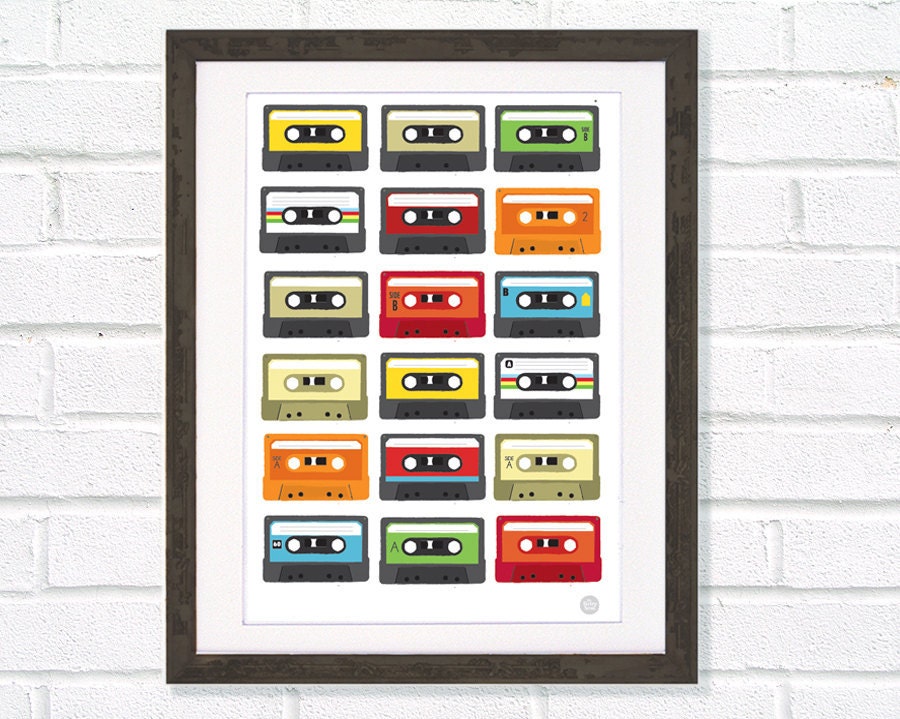 Retro Colourful tape casette art print A3 / 11x14
