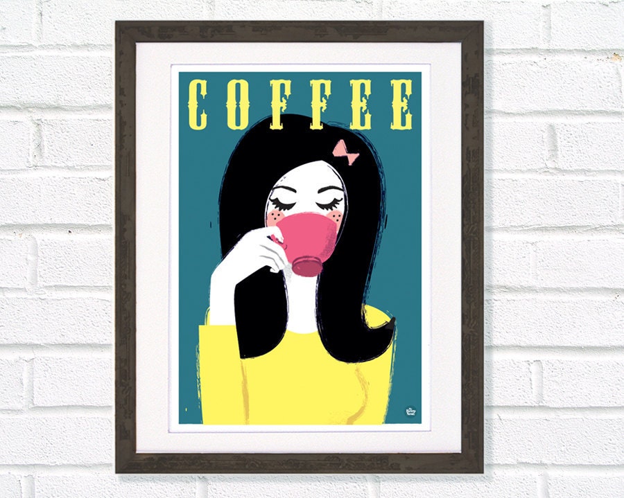 Retro Kitchen Coffee Art Print Girl sipping pink cup A3 / 11 x 14