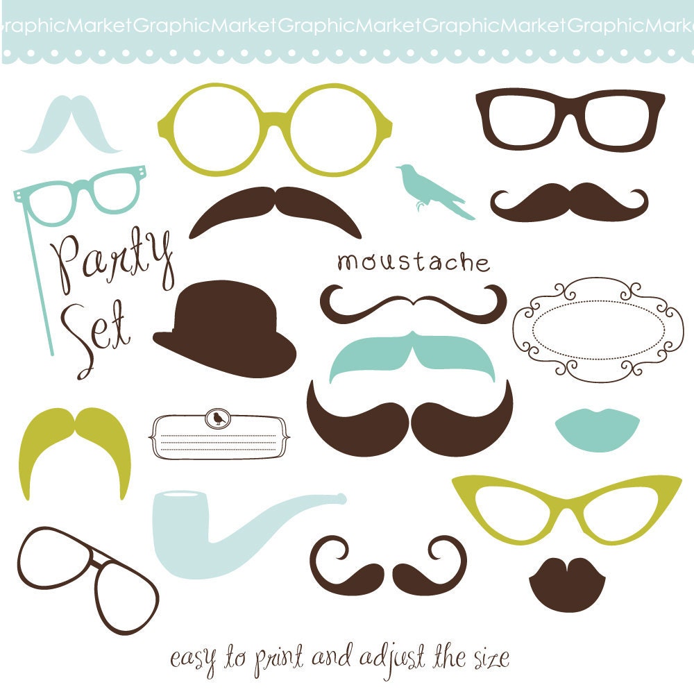 Mustache, Spectacles and Lips Kiss Digital Clipart Set. DIY Photo Booth Printables. Best Wedding Party Props
