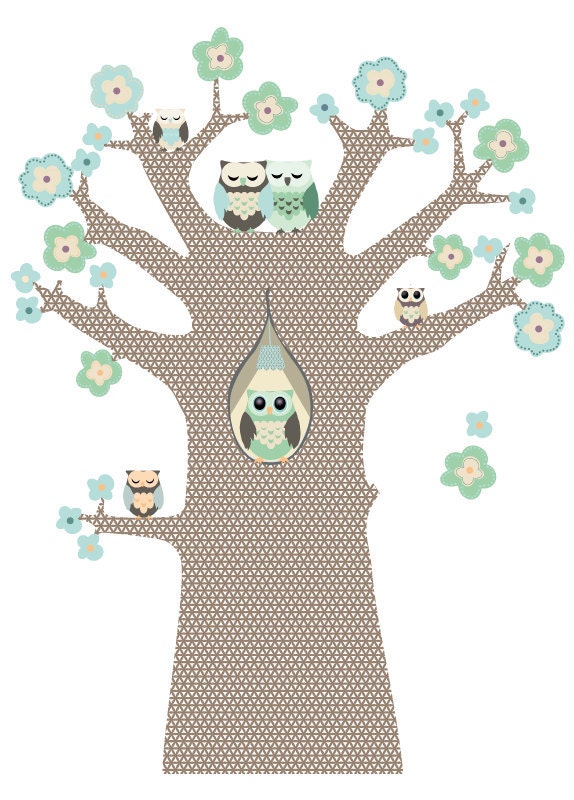 Wallpaper tree with a lovely owl family and flowers (two color variations)