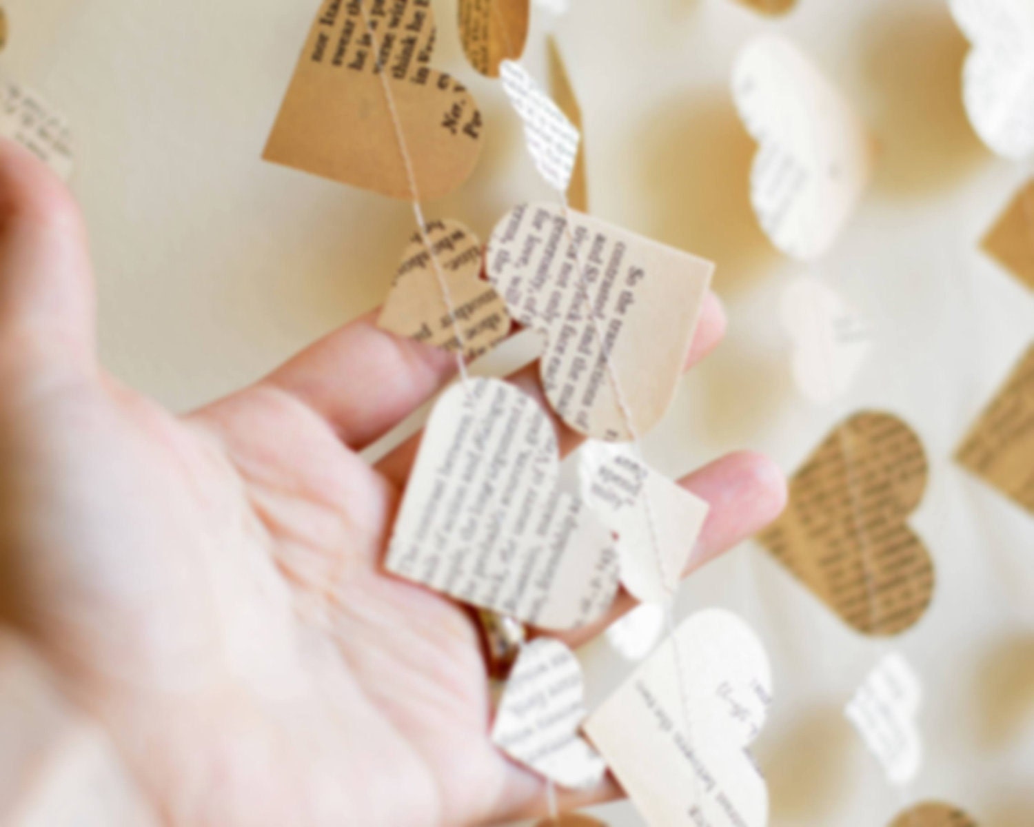 Paper Heart Garland from Vintage Book, rehersal dinner, romantic home decor, custom lengths, wedding decoration