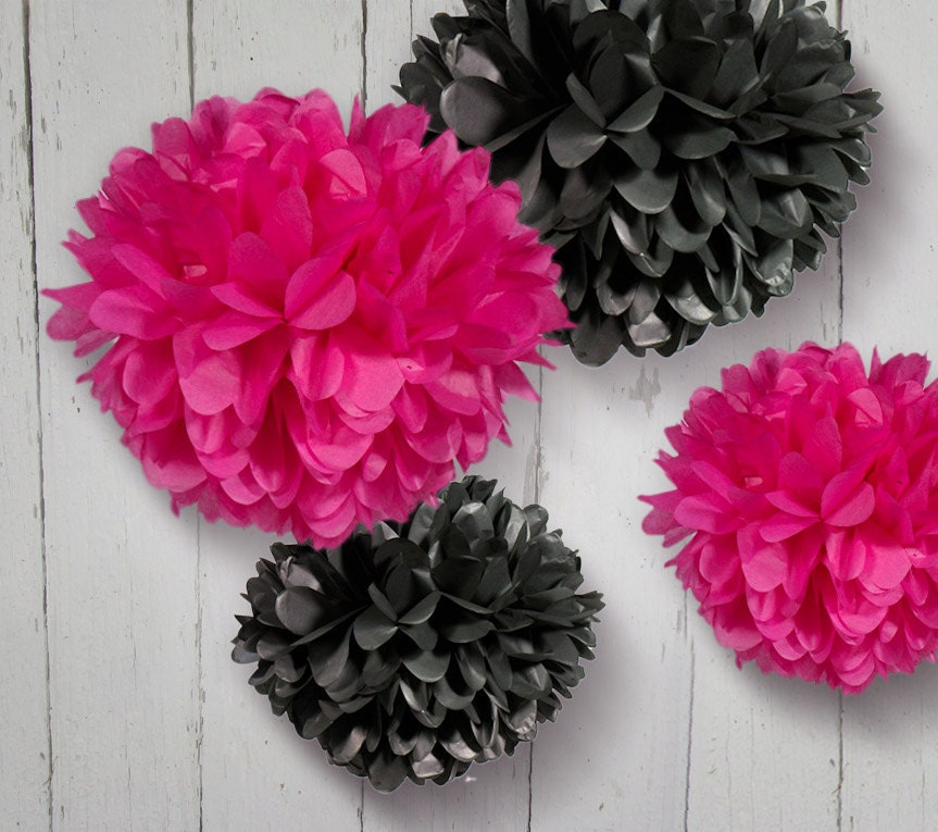 Tissue Paper Pom Poms in Hot Pink and Black - Set of 4 Poms - More colors available