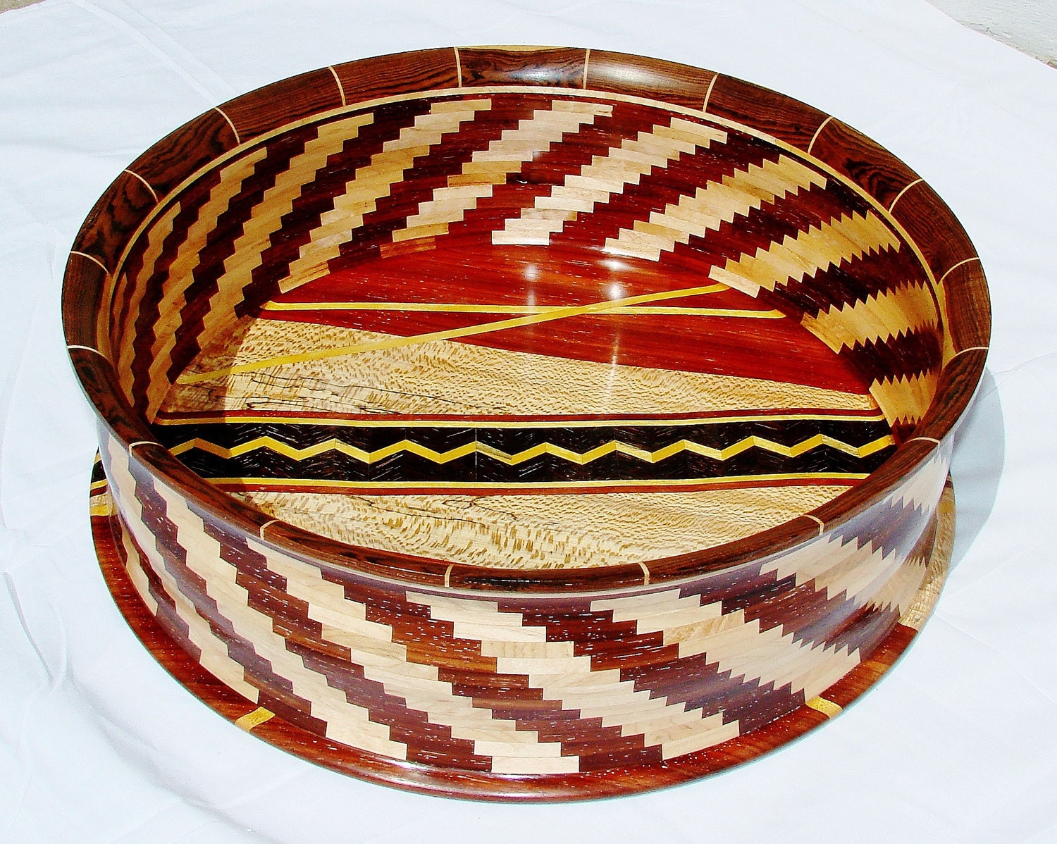 Large segmented turned wood basket bowl - DesignsInWoodturning