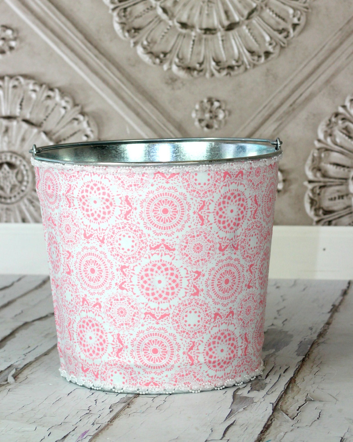 Newborn Baby Photo Prop Galvanized Bucket Pail Pink Damask