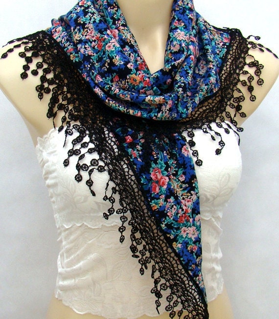 Cotton silk floral blue scarf, soft lace triangle scarf, shawl, women of fashion accessories