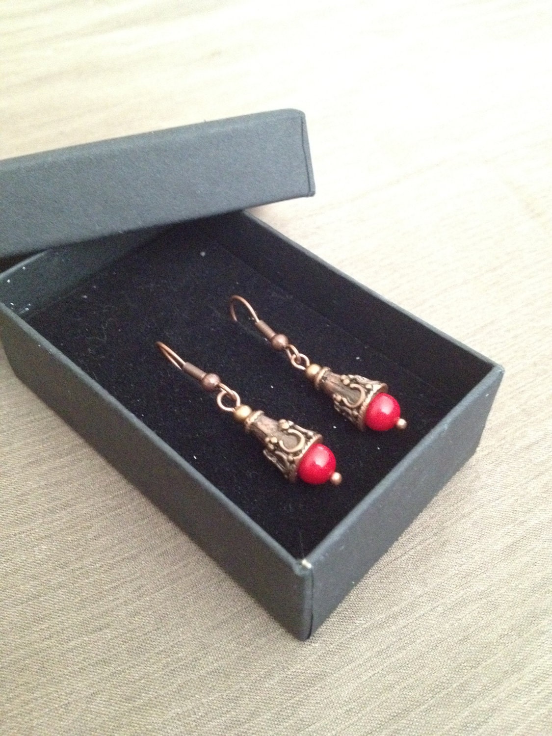 Red Natural coral earrings in copper