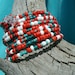 Coral and aqua beaded wrap cuff bracelet