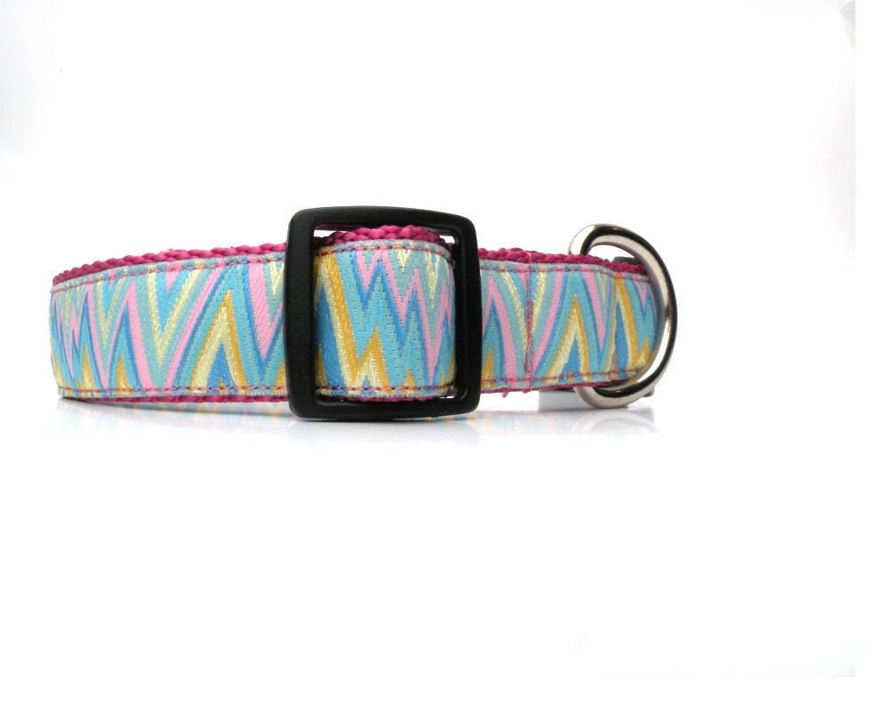 Dog Collar Dusty Rose Large Adj. with Aqua Flame Trim