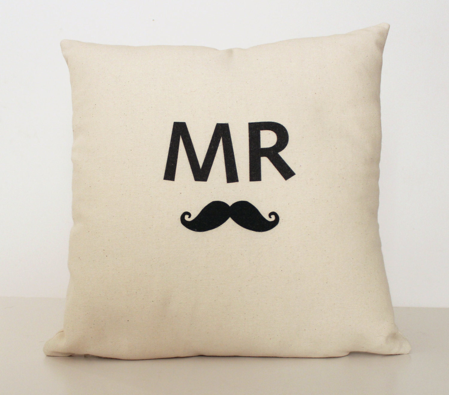 Mr Moustache Pillow Cover 16x16 inch Throw Cushion, Cute and Quirky Typographic Retro Decor For Newlyweds