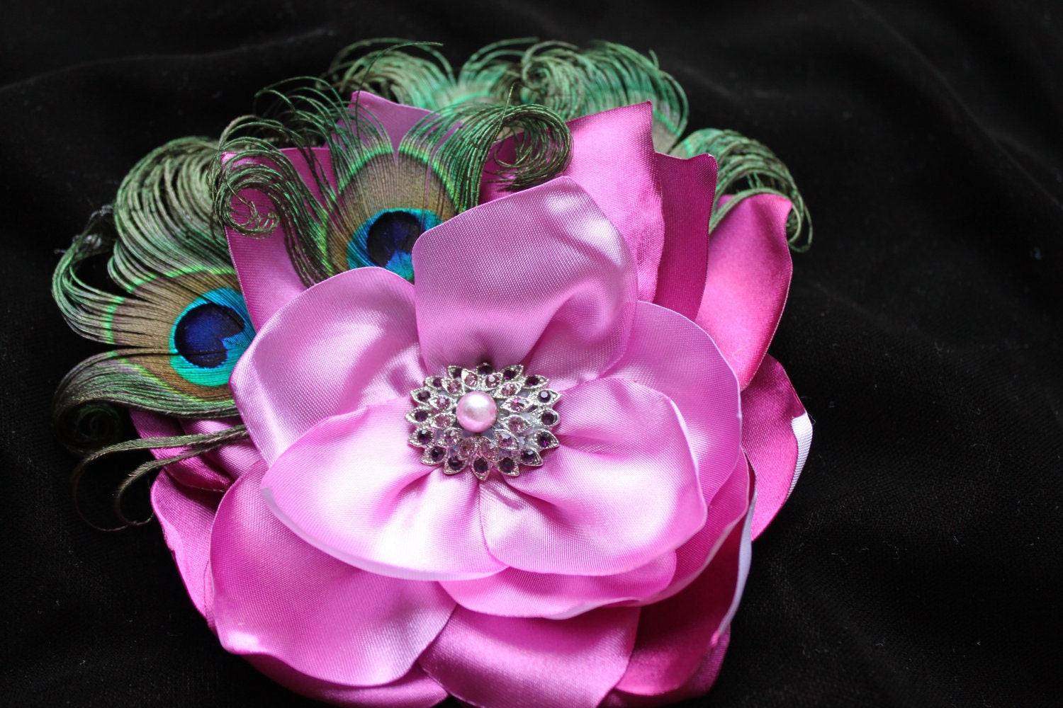 Peacock feather, wedding, bride, bridal, fascinator, flower in shades of purple with vintage rhinestone for your bridesmaids