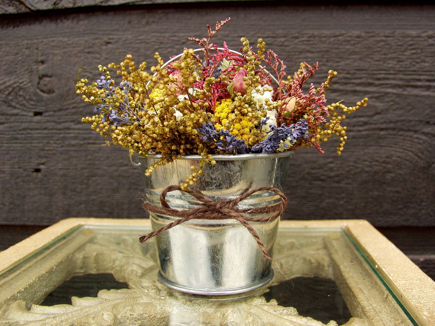 Wedding Centerpiece, Wedding Table Arrangement, Primitive Country Tin Bucket with Rustic Pastel Dried Flower Arrangement 071