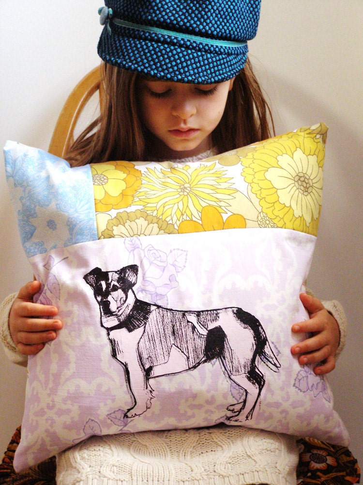 Dog patchwork screen printed cushion. (Square).