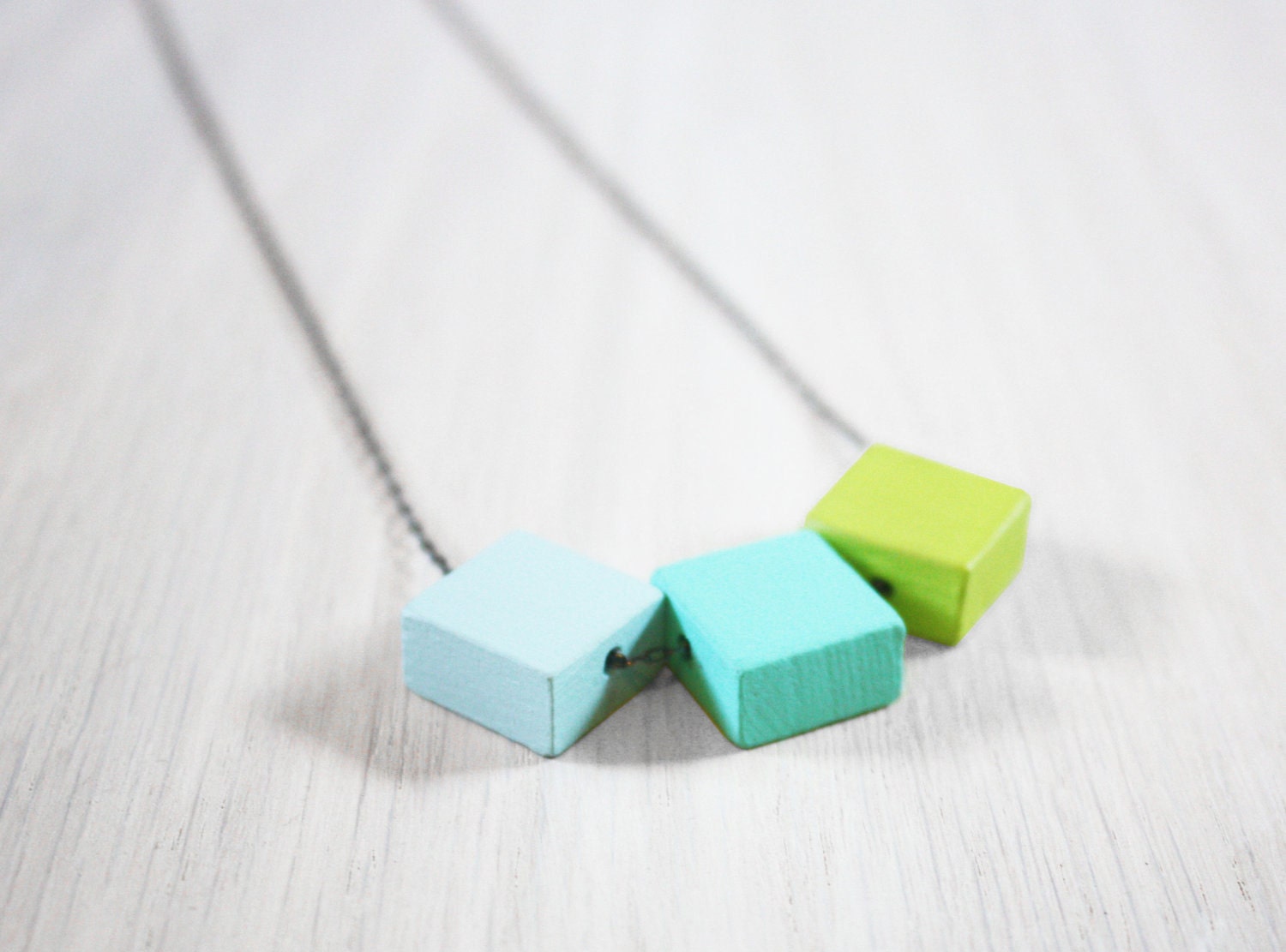 Color Block Necklace - aqua green seafoam wood geometric chunky cube geo square wooden bead on sterling silver chain - minimalist jewelry - DarlingStudio