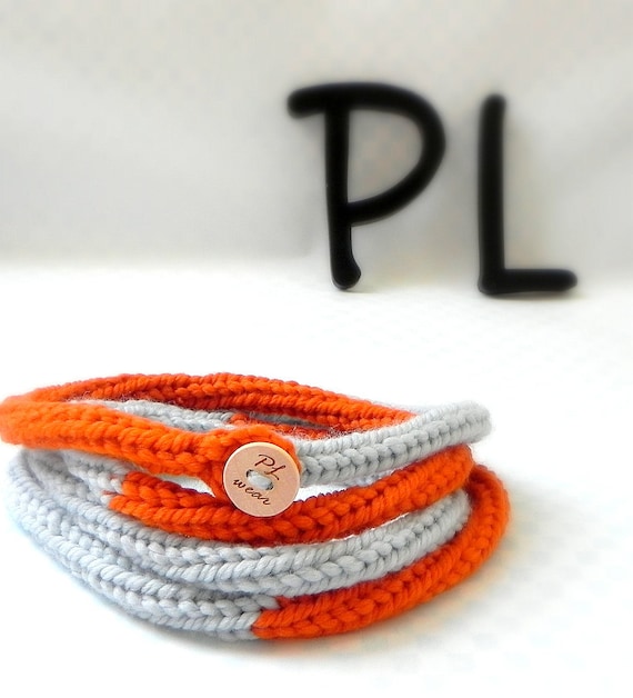 Knitted color block orange and pale blue skinny infinity rope necklace scarf by PL wear