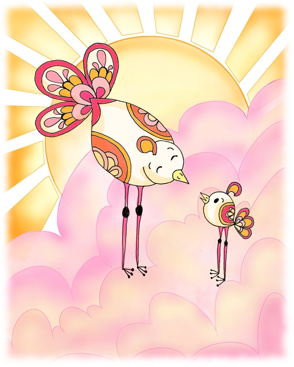 Nursery Art Print, Songbirds, Pink and Yellow, Childrens decor, 8x10 print, kids wall art