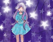 Children's Art Print, Wish Upon A Star, Purple, Kawaii, 8x10, kids wall art, nursery decor whimsical illustration