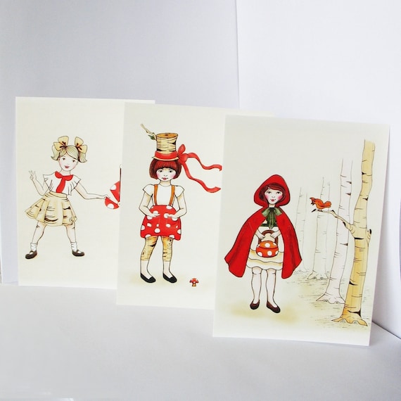 Red woodland girls, postcards, children, wall art, decor, art print, set of 3