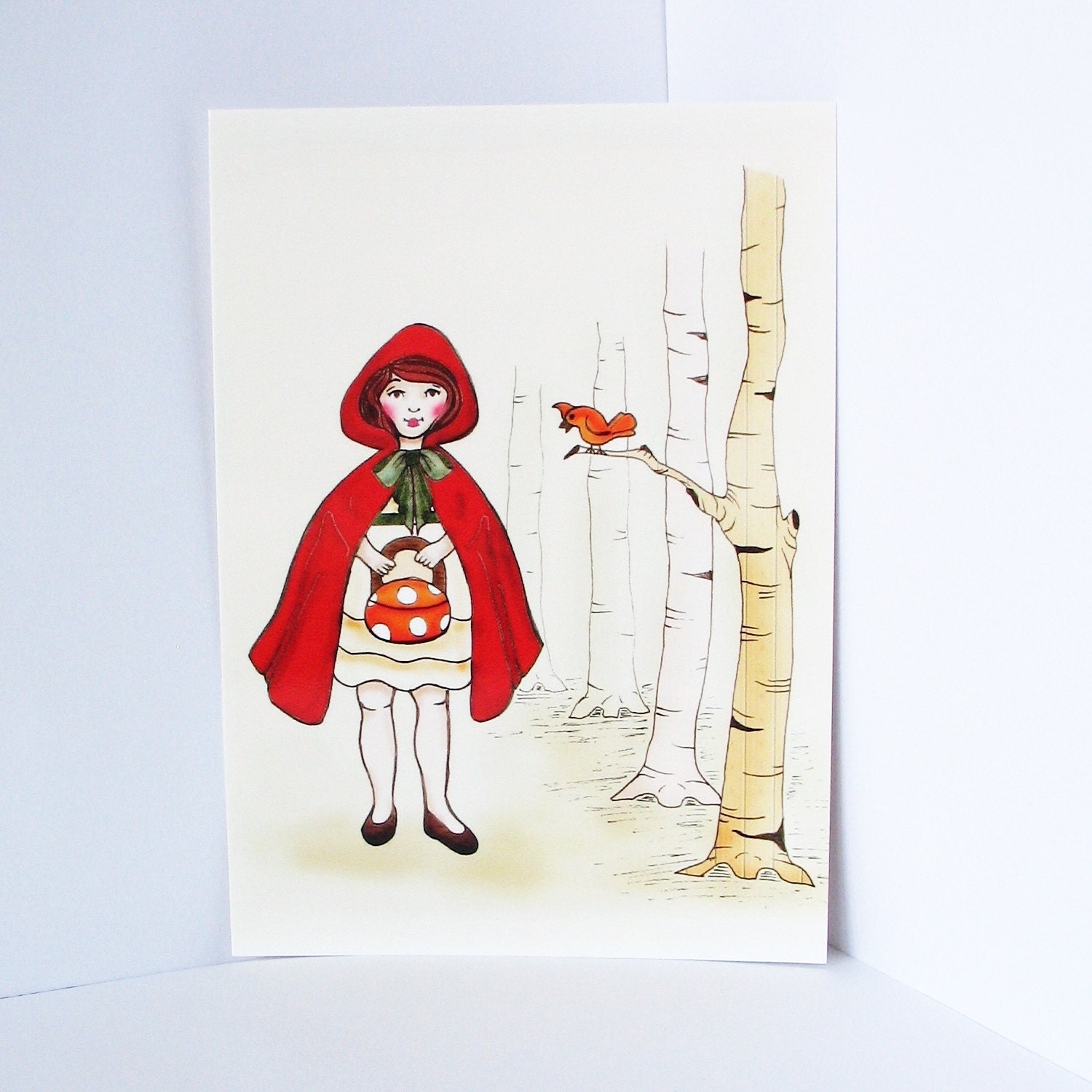 Red woodland girls, postcards, children, wall art, decor, art print, set of 3