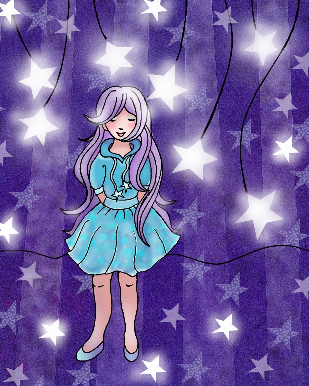 Children's Art Print, Wish Upon A Star, Purple, Kawaii, 8x10, kids wall art, nursery decor whimsical illustration