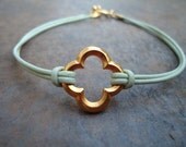 Mint Green Leather Gold Quatrefoil Clover Bracelet