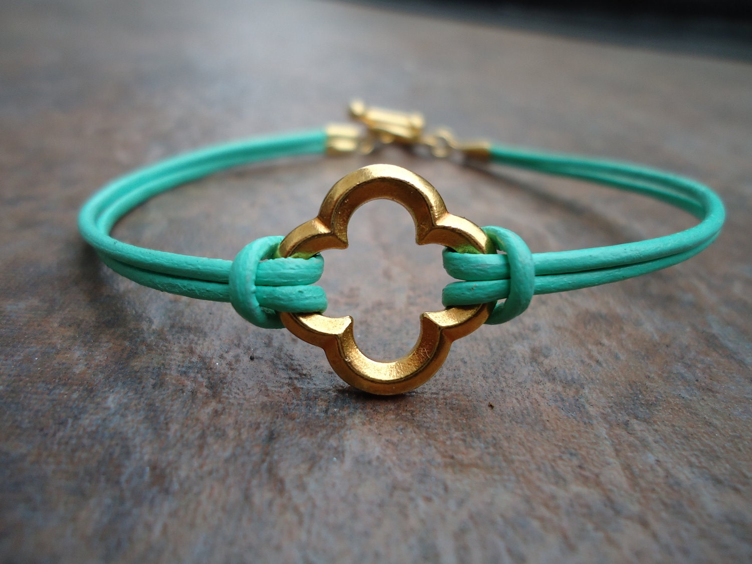 Bright Mint Green Gold Quatrefoil Clover Leather Bracelet