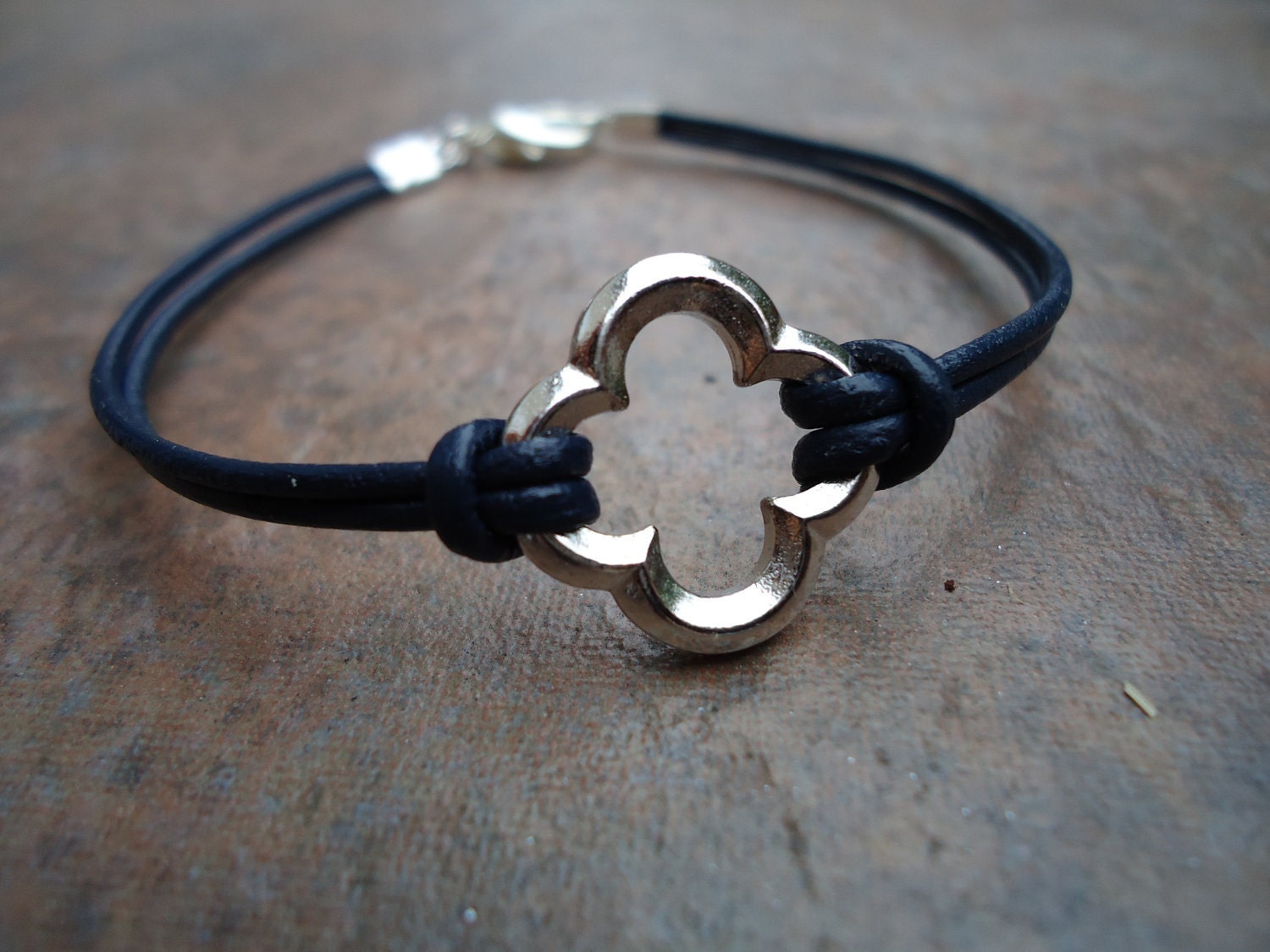 Navy Blue Silver Quatrefoil Clover Leather Bracelet