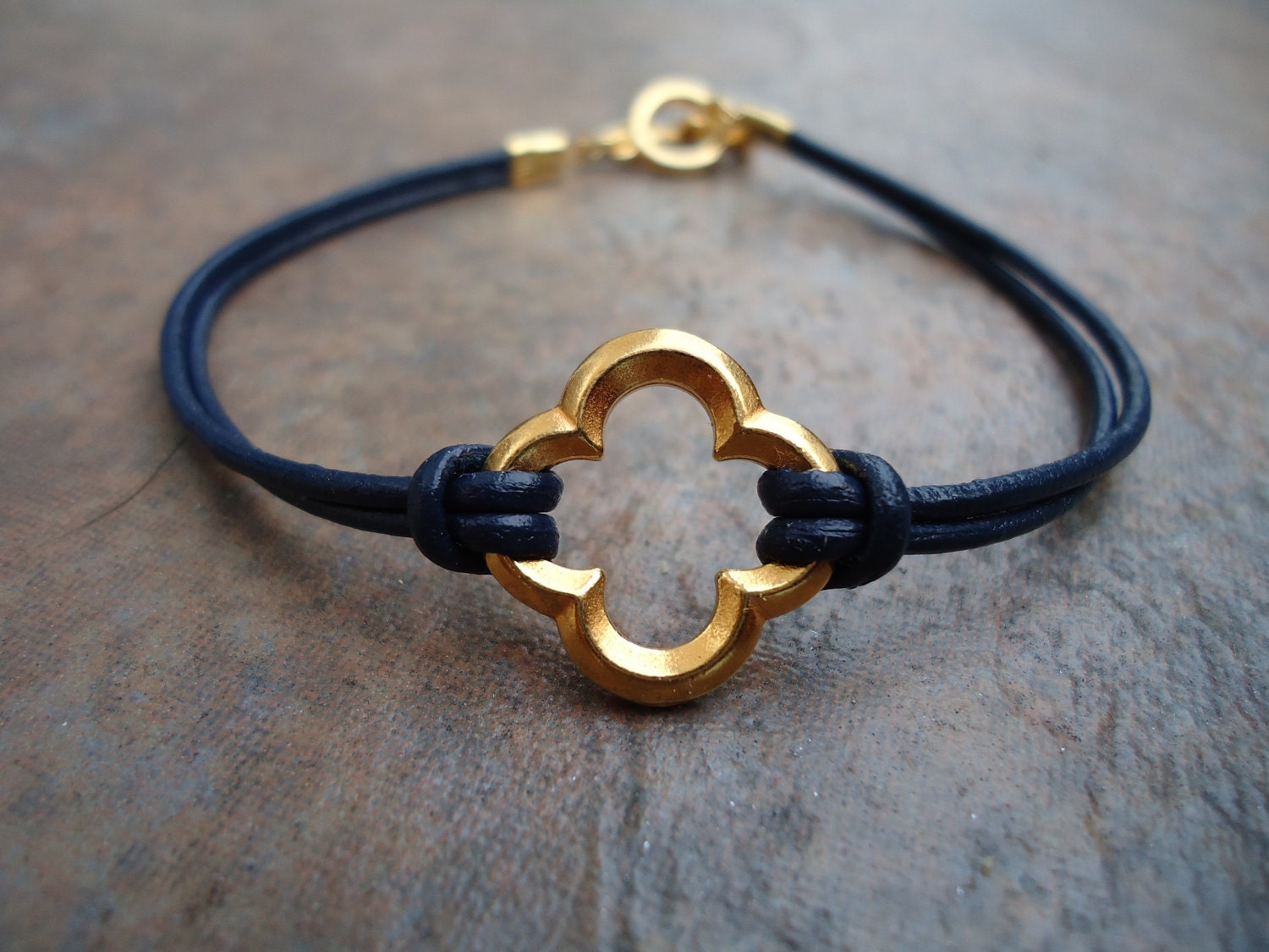 Navy and Gold Quatrefoil Clover Leather Bracelet