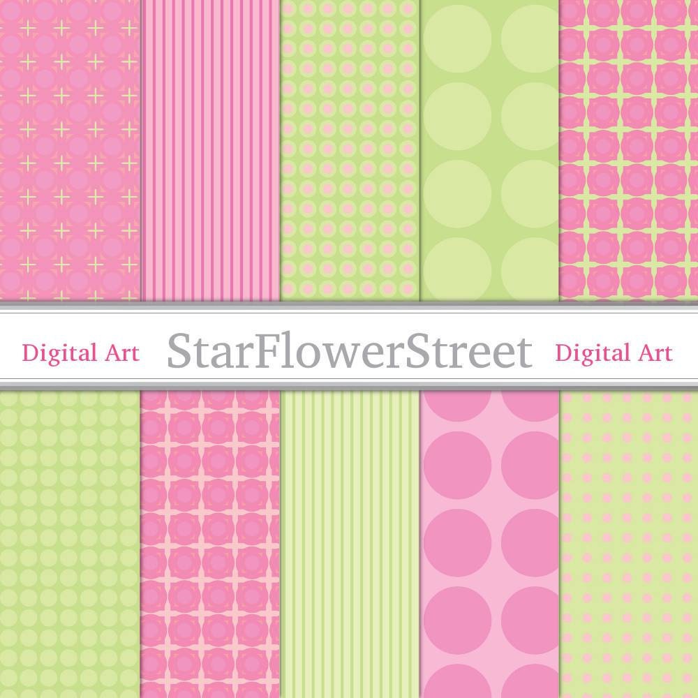 Instant Download - Pink and Green Digital Paper, Polka Dot, Block, Striped Patterns, Printable Scrapbook Papers for Scrapbooking