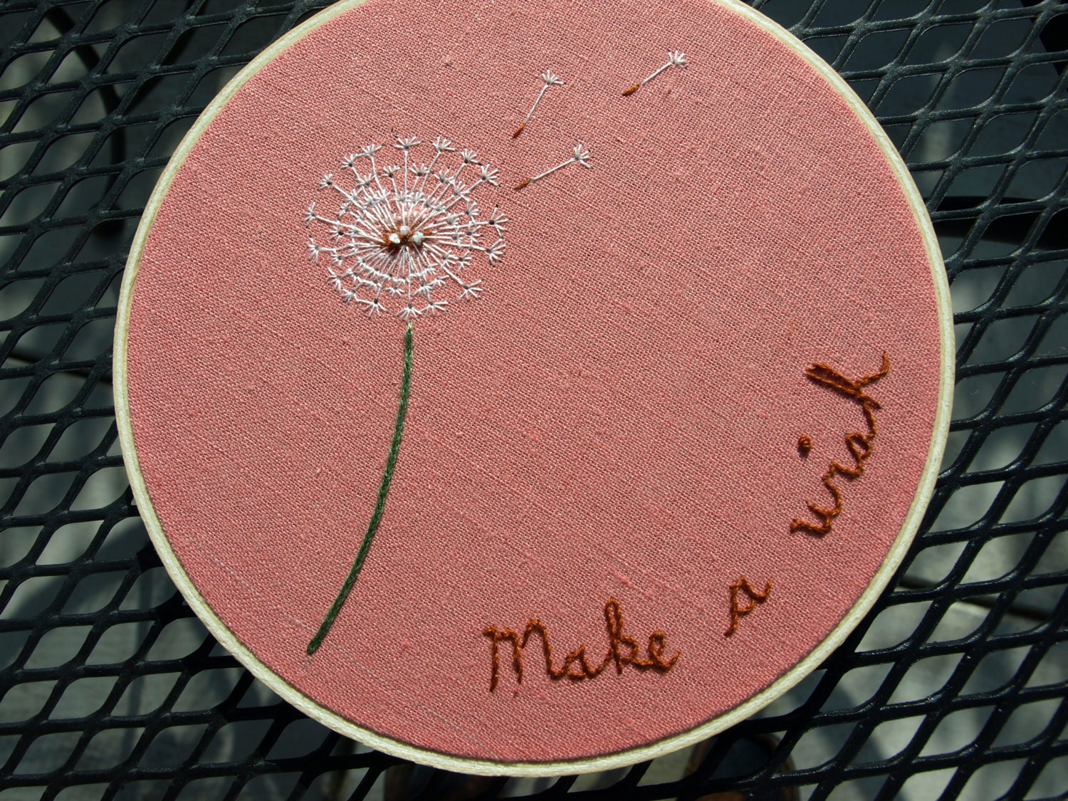 Hand embroidered dandelion wall art ready to hang in 6" wooden embroidery hoop