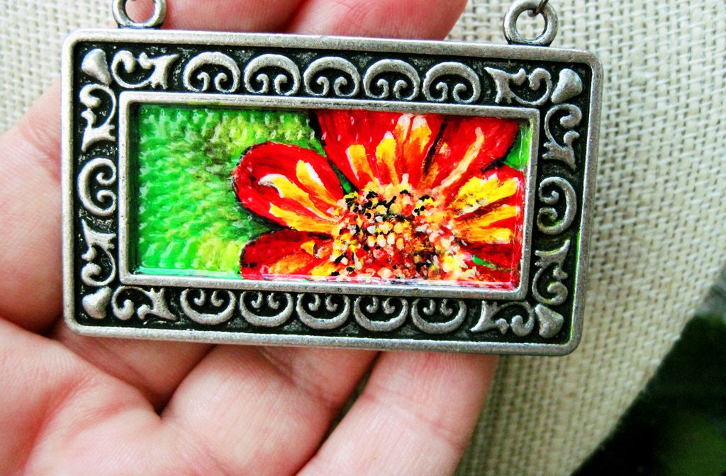Red Dahlia Hand Painted Metal Necklace and Earring Set