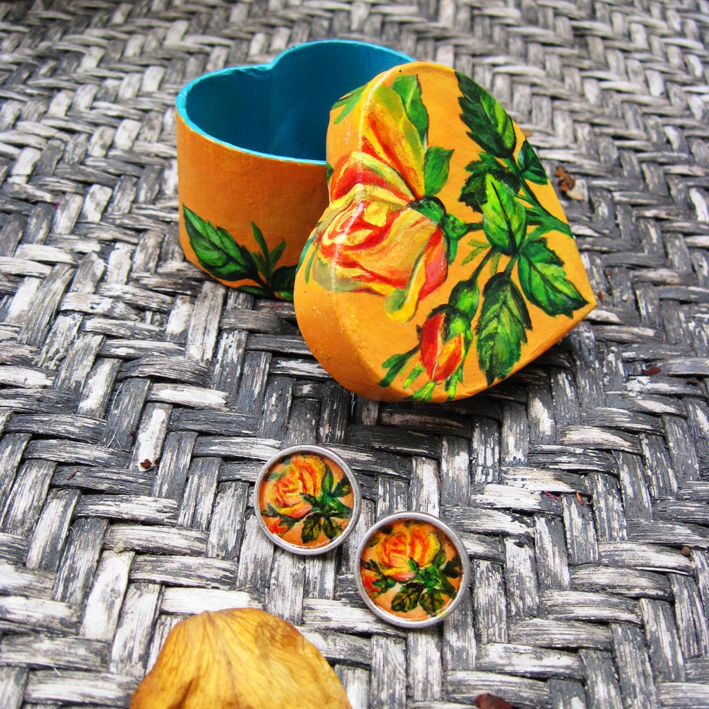 Cloisonné Style Hand Painted Yellow Rose Earrings With Matching Hand Painted Gift Box