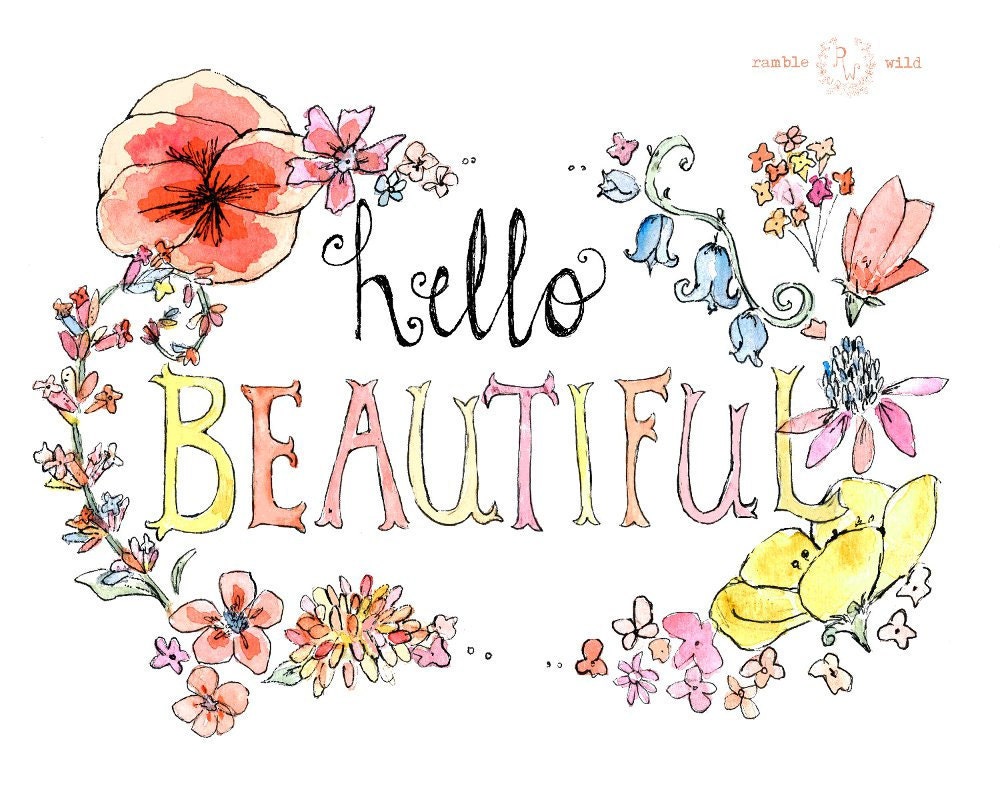 flower typography handmade--HELLO BEAUTIFUL in coral--  8x10 Archival Art Print