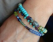 Boho Beaded Strand Bracelet Blue Green Jade Jasper Teal Turquoise Aqua Plum Sage Yellow Magnet Clasp
