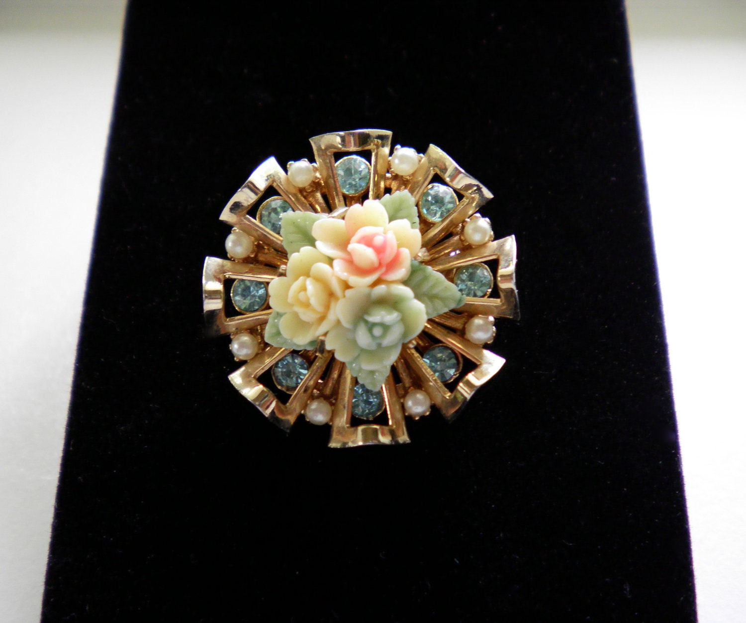 Vintage 1940 CORO Brooch Pin Celluloid Flowers  Rhinestones Little Pearls