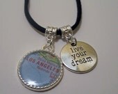 Live Your Dream Pendant Necklace World Map of Any Location Silver or Black Suede Chain