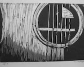 Single-block reduction linocut print guitar grayscale 1