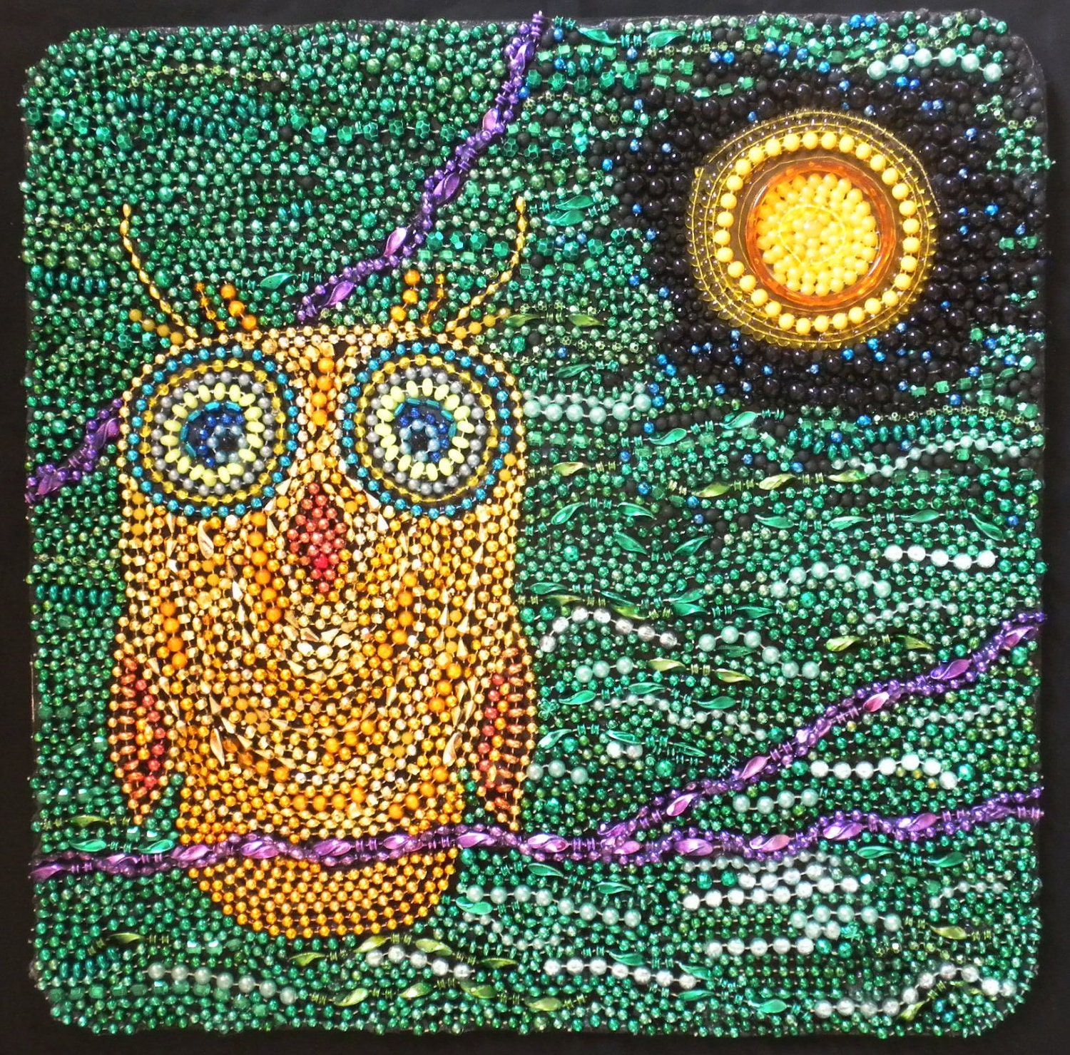Owl & Moon - Mardi Gras Bead Art - large mosaic