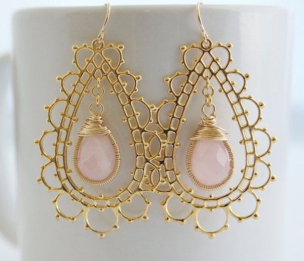 Rose Quartz Earrings - Bezel Set Stone Earrings - Gold and Pink Earrings - Bridal Jewelry