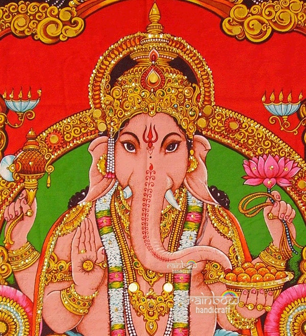 hindu religious elephant head god deity ganesh ganesha sequin coton fabric painting wall hanging Indian tapestry ethnic home decor art India